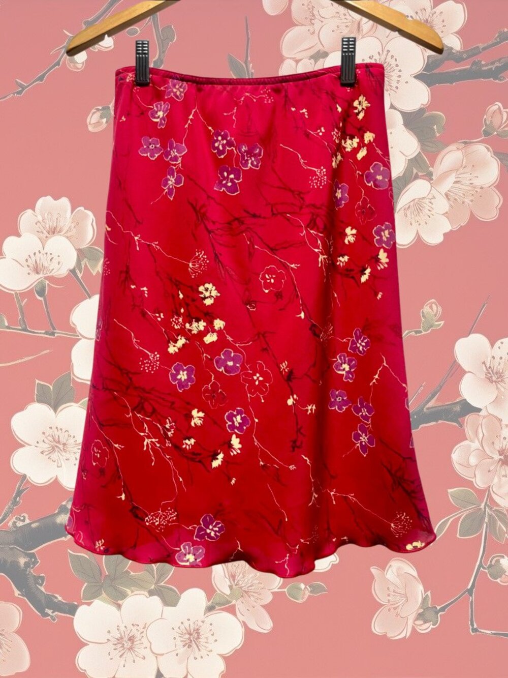 🍒 Vintage Red Floral Slip Skirt Bias Cut Oriental Inspired Midi Y2K Small